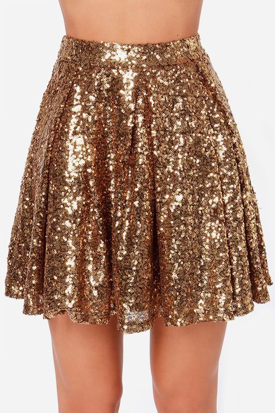 Gonna a pieghe con paillettes dorate a vita alta