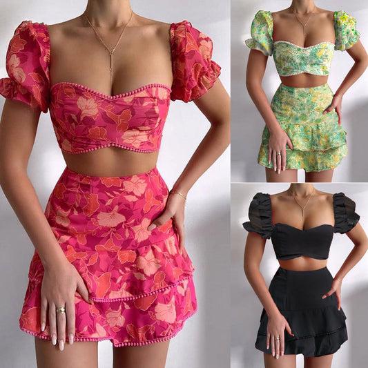 Completo Top corto e mini gonna a vita alta con stampa floreale